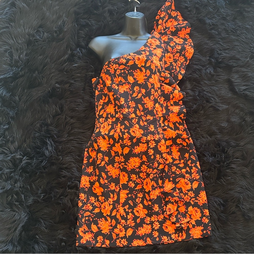 Chelsea28 Black and Orange Floral One-Shoulder Mini Dress